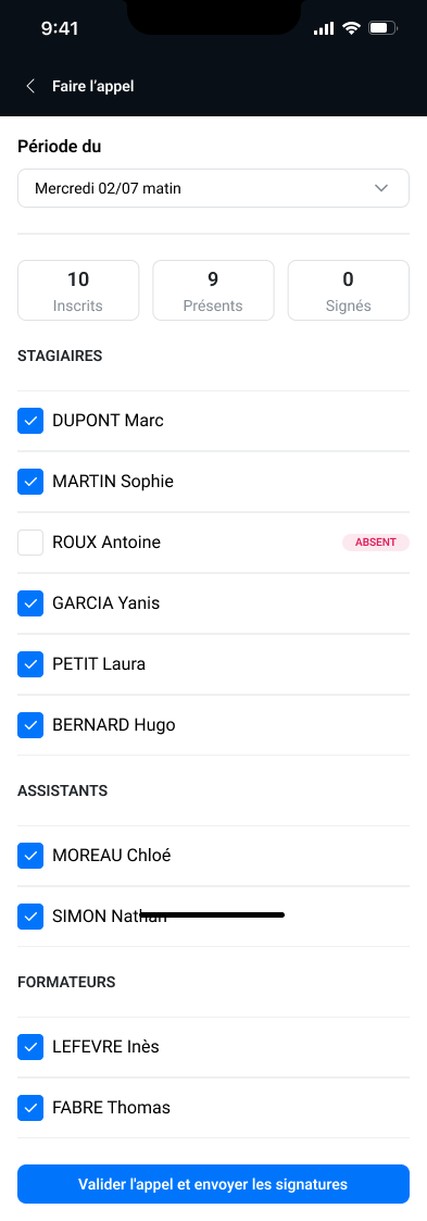 Écran d’émargement : liste des stagiaires et signature numérique